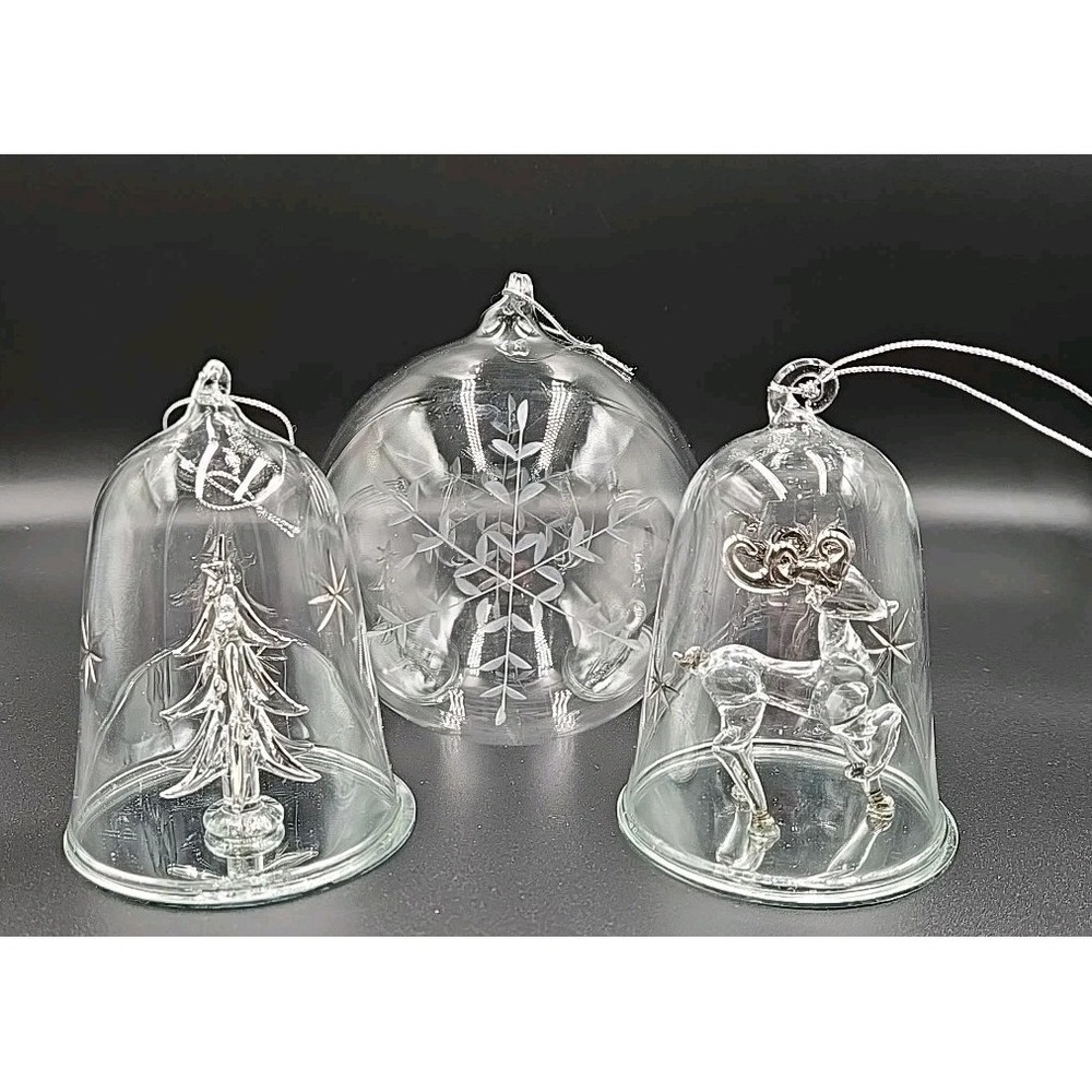 Blown Clear Glass Christmas Holiday Ornaments Set of 3, Bell And Globe